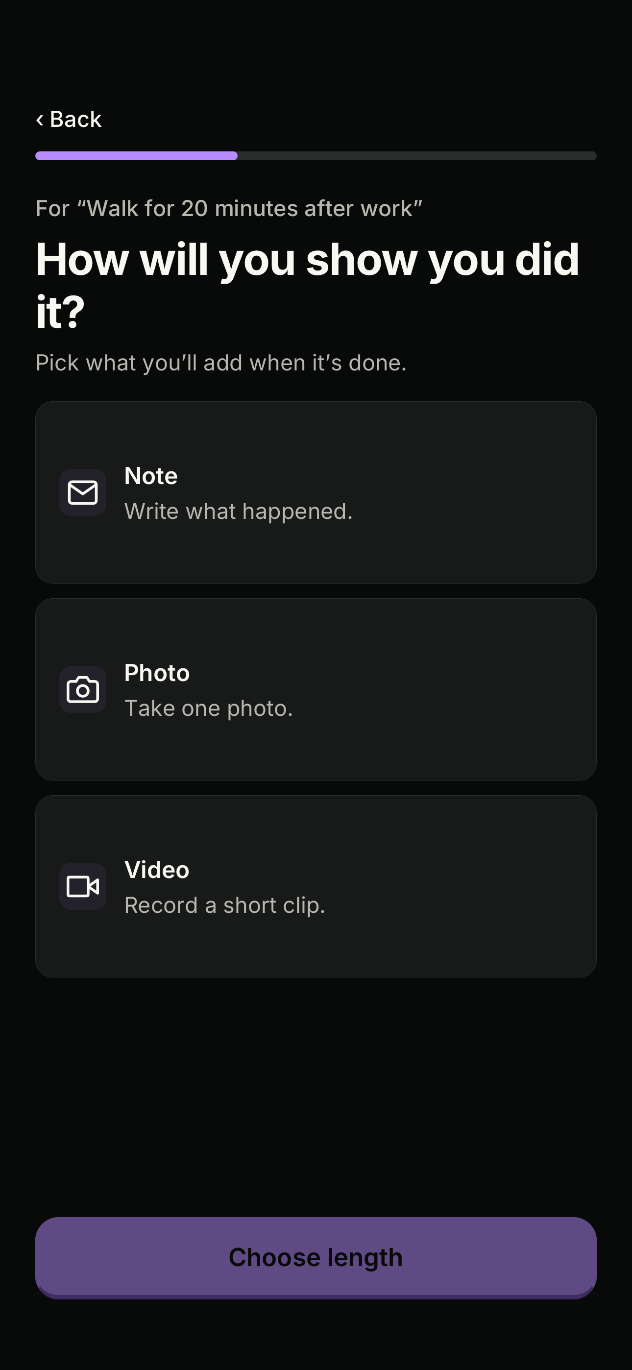 Menta screen asking “How will you show you did it?” with Note, Photo and Video options.